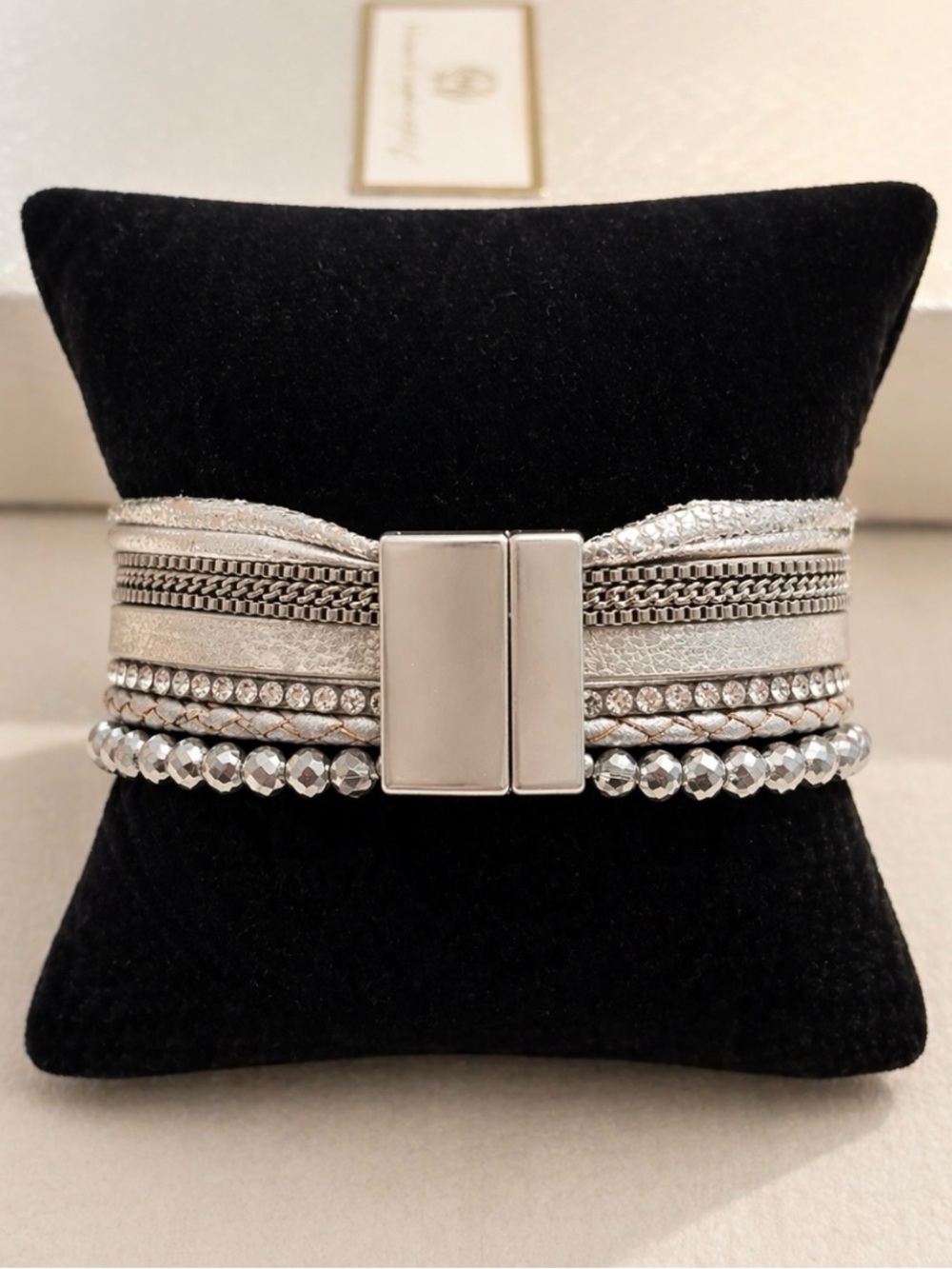 Boho Evil Eye Multi Layer Bracelet Silver Grey Vegan Leather Magnetic - Picture 2 of 5